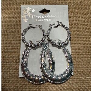 Precious Silver Tone Bamboo Hoop and Engraved Teardrop Earrings NEW